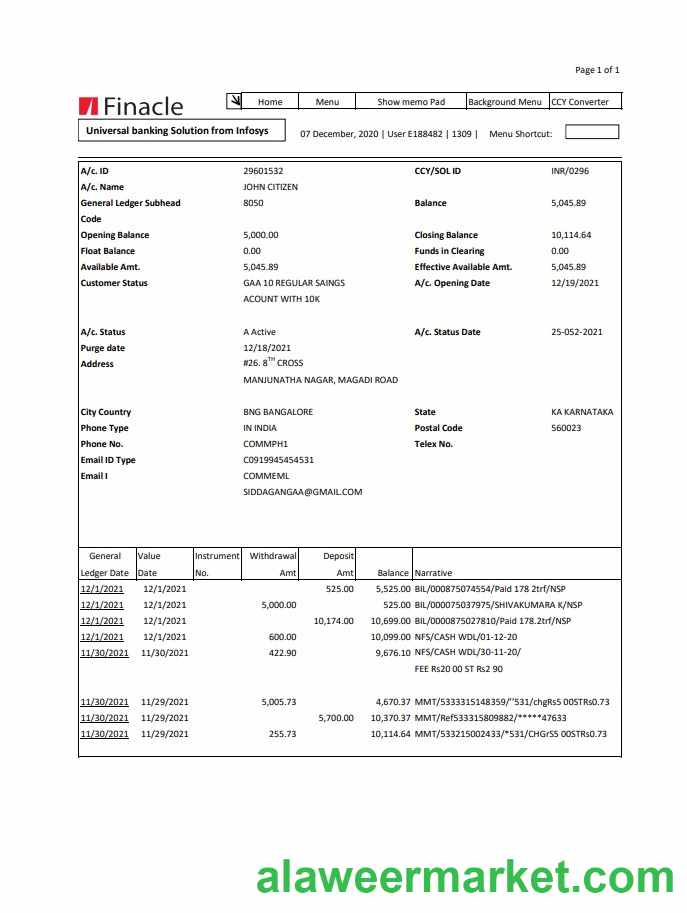 India Finacle bank statement easy to fill template in Excel and PDF format